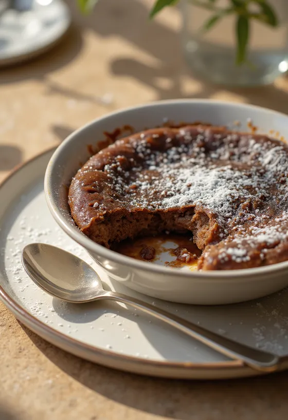 Friss, aranybarna Clafoutis csokoládéval, tálalva