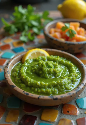Coriander chutney tálalva, friss zöld szósz