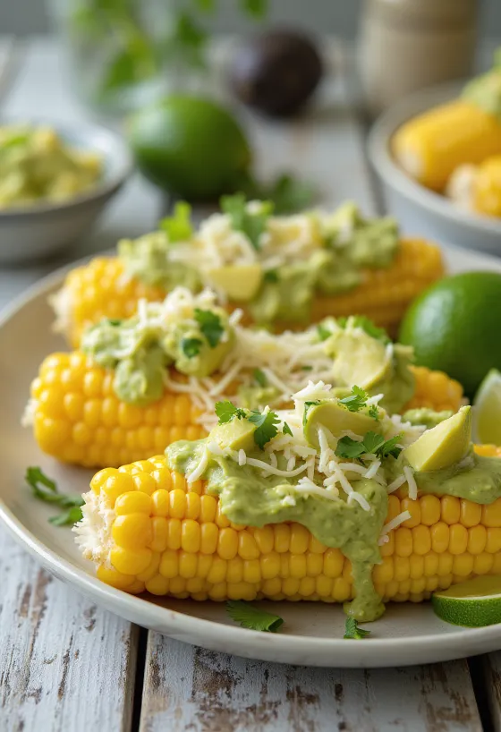 Elote avokádóval tálalva, friss korianderrel és feta sajttal megszórva