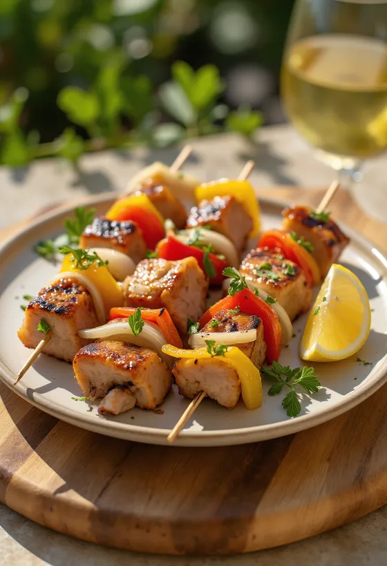 Espetinho sertéshússal, grillezett húsnyárs zöldségekkel, tálalva