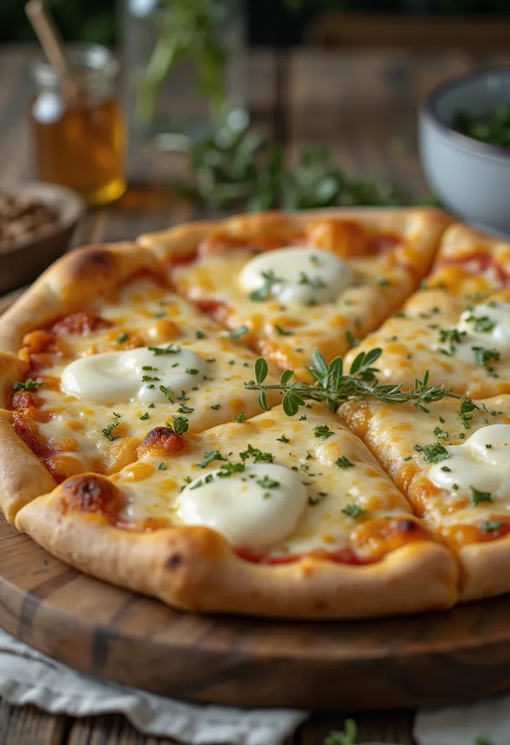 Extra gorgonzolás Quattro Formaggi pizza tálalva