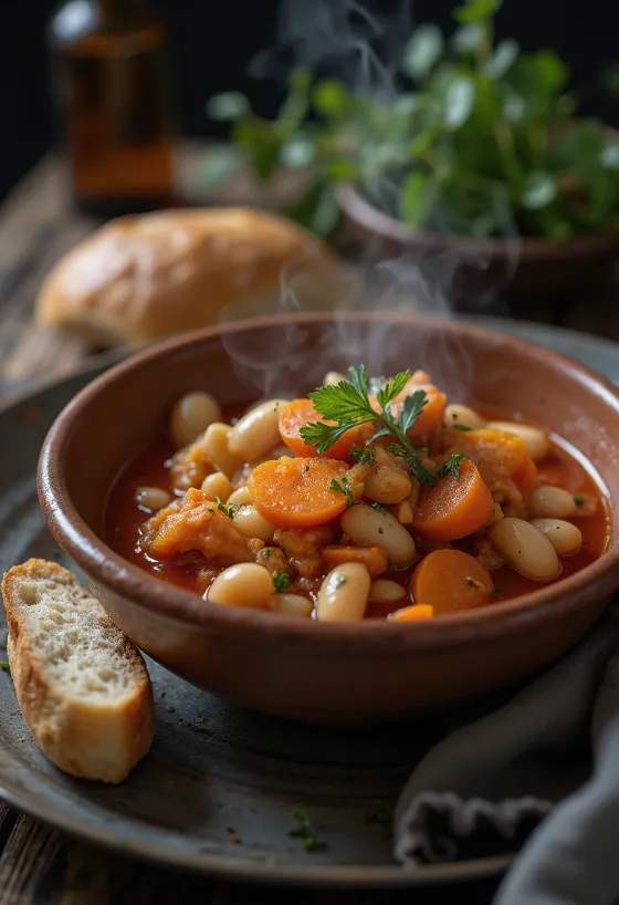 Fabada con verduras tálalva, gazdag, zöldségekkel teli leves, enyhén füstölt ízjegyekkel.