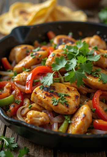 Fajitas zöldséges csirkemellel, friss korianderrel tálalva
