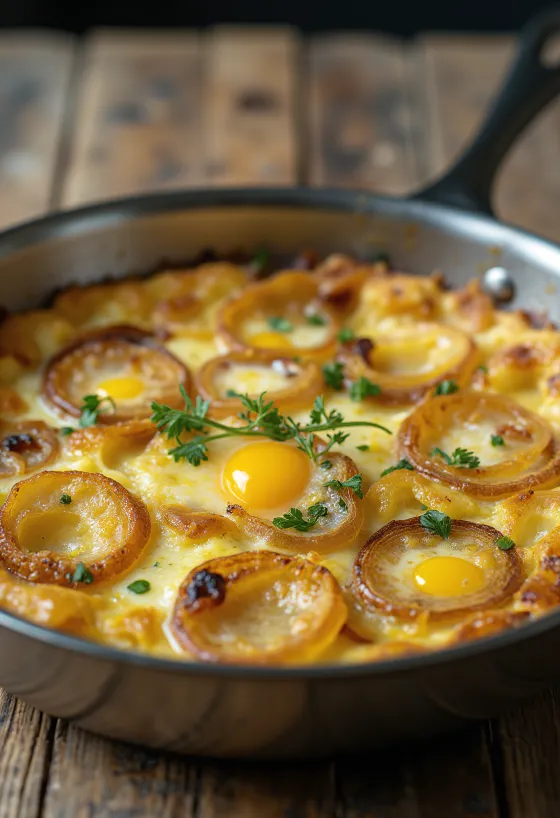Frittata burgonyával és hagymával, reszelt sajttal a tetején, frissen tálalva