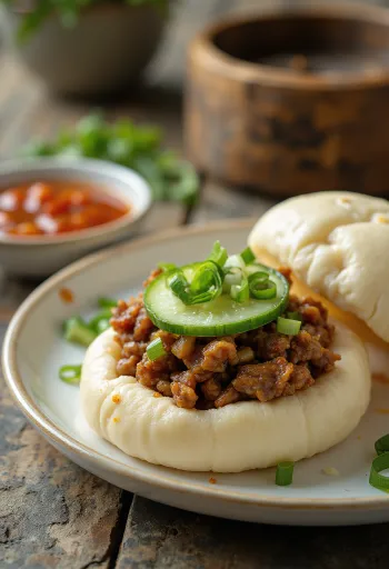 Fűszeres bárányhúsos bao bun étel tálalva