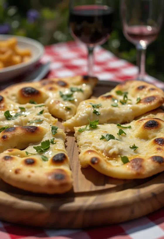 Gorgonzolás naan kenyér tálalva