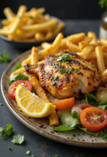 Gyros tányér színesen tálalva hússal, sült krumplival és friss zöldségekkel