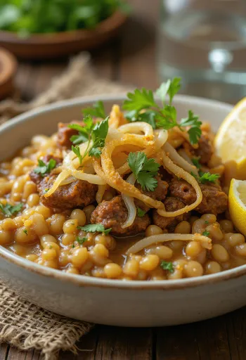 Haleem sült hagymával, gazdag fűszerekkel és friss korianderrel tálalva