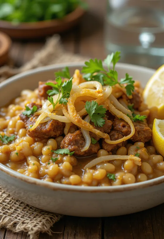Haleem sült hagymával, gazdag fűszerekkel és friss korianderrel tálalva