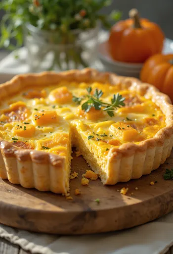 Hokkaido sütőtök quiche, tojásos töltelékkel és friss petrezselyemmel