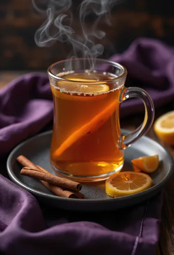 Hot Toddy ital fahéjrúddal és citromkarikával díszítve