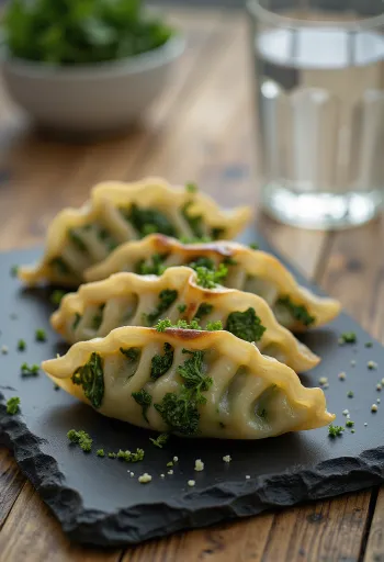Kelkáposztás gyoza ropogós aljú darabok tálalva szójaszószos tálkával