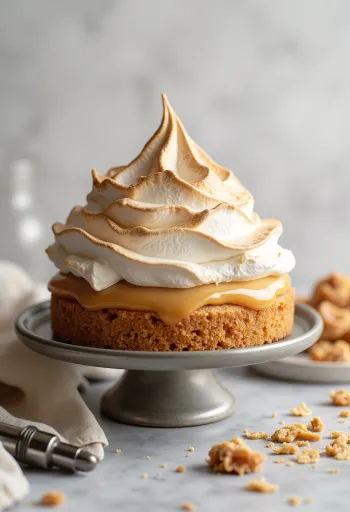 Karamellás habcsók torta konyhai fáklyával karamellizált habcsókkal
