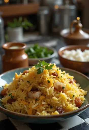 Kashmiri Pulao, gazdag fűszeres rizs, mandulával és mazsolával, friss korianderrel tálalva