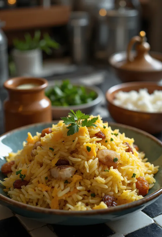 Kashmiri Pulao, gazdag fűszeres rizs, mandulával és mazsolával, friss korianderrel tálalva
