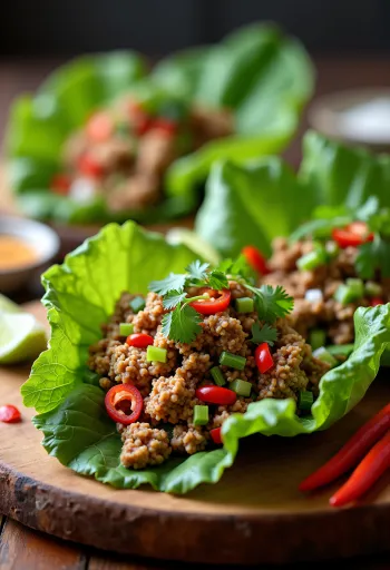 Keto laoszi fűszeres hússaláta (Larb) salátalevélben