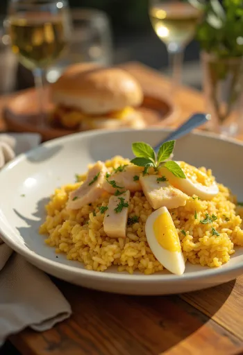Klasszikus Kedgeree, füstölt hal, tojás és rizs kombinációja