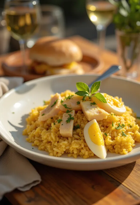 Klasszikus Kedgeree, füstölt hal, tojás és rizs kombinációja