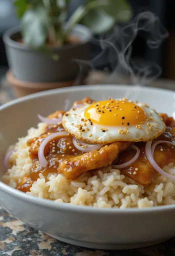 Loco moco csirkével, rizsen tálalva, tojással és szójaszósszal