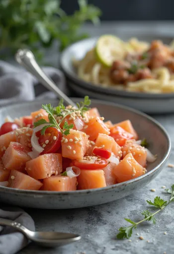 Lomi salmon korianderrel, tálalva