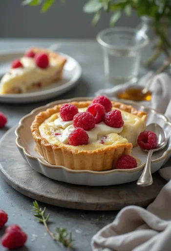 Málnás-fehércsokis quiche szeletelve, tálalva