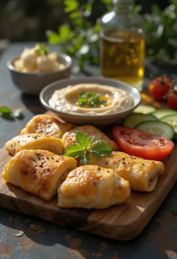 Friss meze tál börekkel, hummusszal, fetasajttal és zöldségekkel tálalva