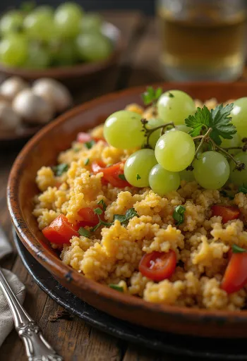 Migas szőlővel, ropogós kenyér, szőlő és friss petrezselyem díszítéssel