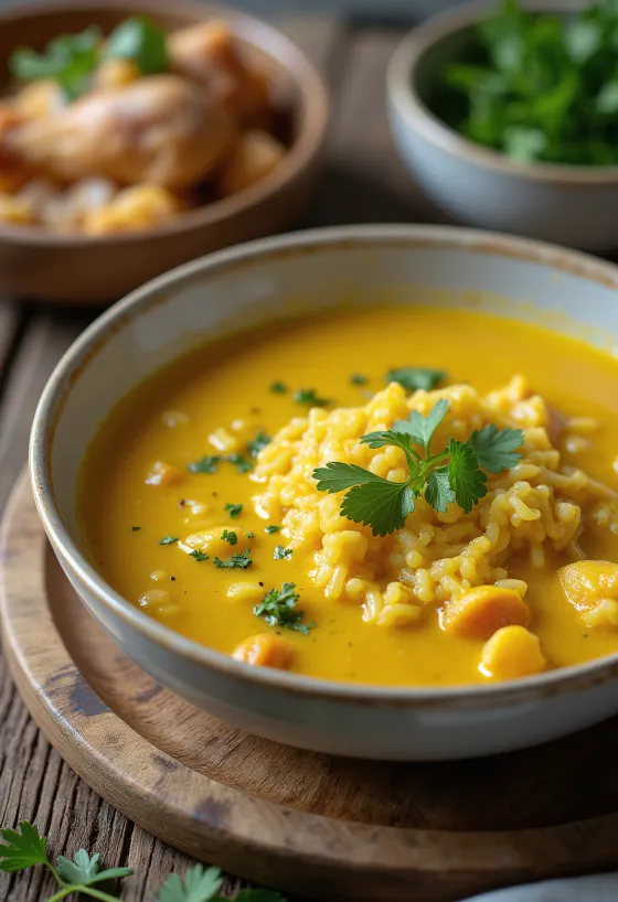 Mulligatawny leves csirkével tálalva