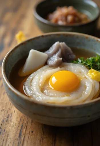 Oden konnyakuval, gazdag japán leves friss zöldségekkel és tojással tálalva