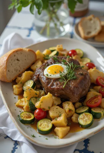 Osso Buco borjúcsontokkal, sült zöldségekkel tálalva