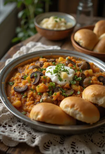 Pav Bhaji gombával, tálban frissen tálalva zsemlével