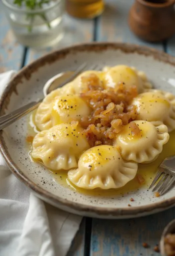 Pierogi túróval, túrós töltelékkel és pirított hagymával tálalva