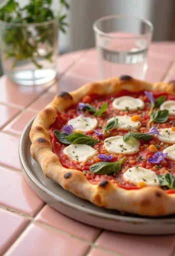 Pizza ai Fiori di Basilico friss bazsalikommal és bazsalikomvirágokkal