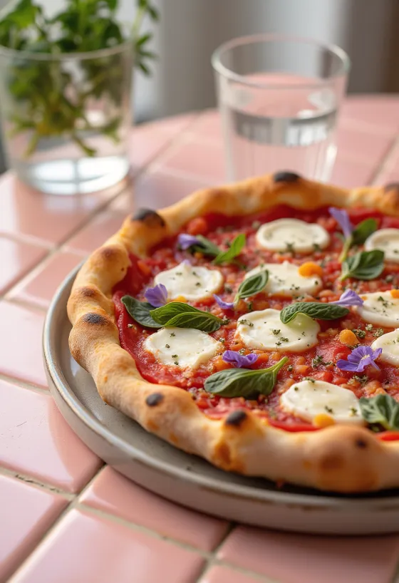 Pizza ai Fiori di Basilico friss bazsalikommal és bazsalikomvirágokkal