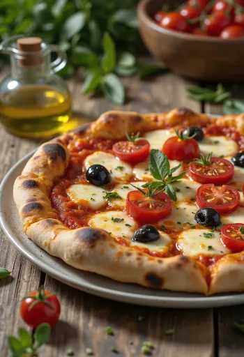 Pizza alla Barese paradicsommal és fekete olajbogyóval