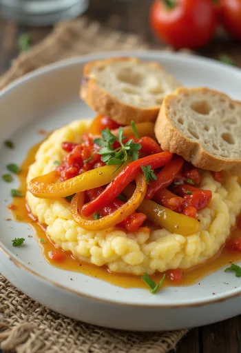 Krémes polenta sült piros paprikával tálalva, fokhagymás olajjal meglocsolva