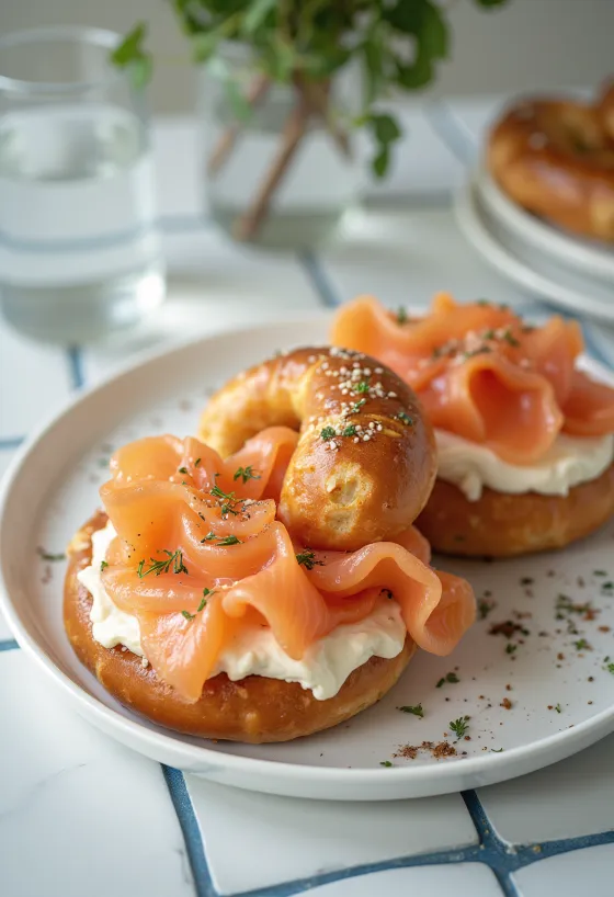 Pretzel füstölt lazaccal tálalva, gazdag füstölt lazaccal a tetején, kívül ropogós és belül puha.