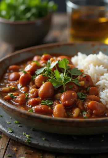 Rajma curry tálalva egy színes tálban, gazdag fűszerekkel és vörös vesebabokkal