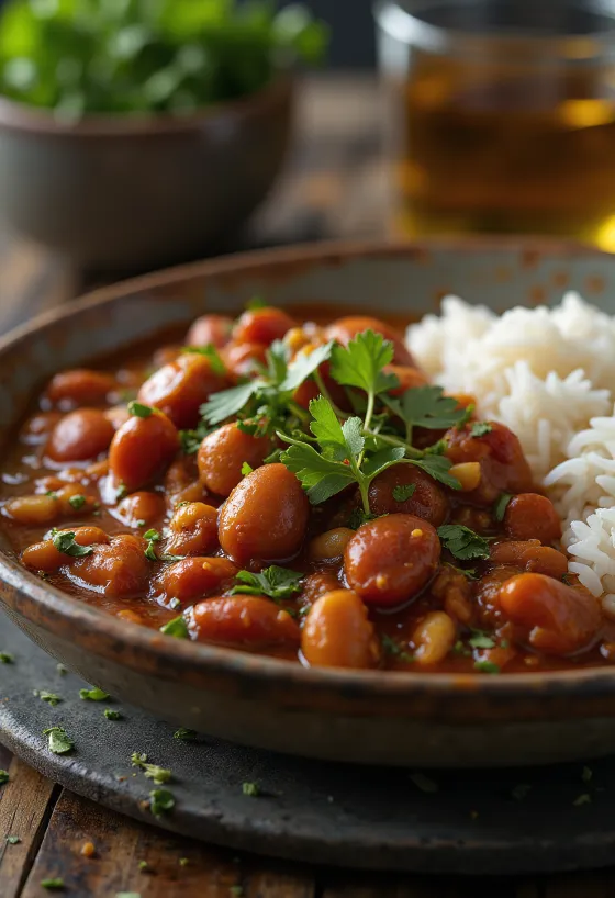 Rajma curry tálalva egy színes tálban, gazdag fűszerekkel és vörös vesebabokkal
