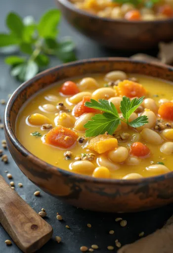 Rasam mungóbabbal, gazdag indiai fűszeres leves, tamarind pasztával és friss korianderrel tálalva