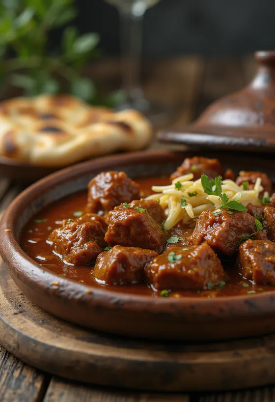 Rogan Josh marhahússal, fűszeres szószban tálalva