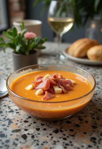 Salmorejo serrano sonkával, friss paradicsomos leves, olívaolajjal és füstölt paprikával tálalva