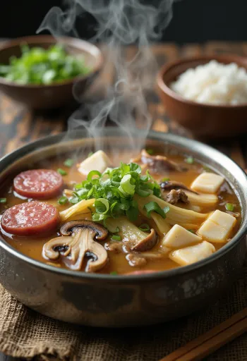 Sundae Jeongol tálalva friss zöldségekkel és chilivel