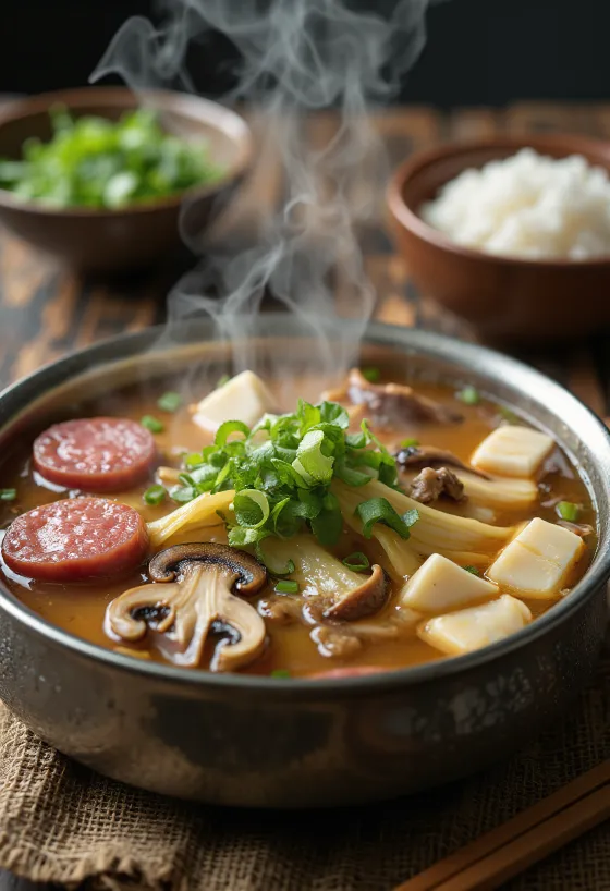 Sundae Jeongol tálalva friss zöldségekkel és chilivel