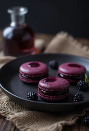 Szederlikőrös-csokoládés macaronok tálalva