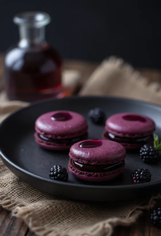 Szederlikőrös-csokoládés macaronok tálalva