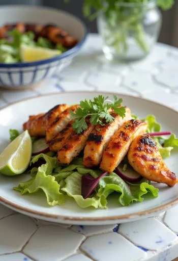 Tandoori csirke saláta, grillezett csirkehússal, uborkával és cékla szeletekkel
