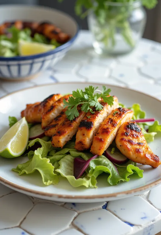 Tandoori csirke saláta, grillezett csirkehússal, uborkával és cékla szeletekkel