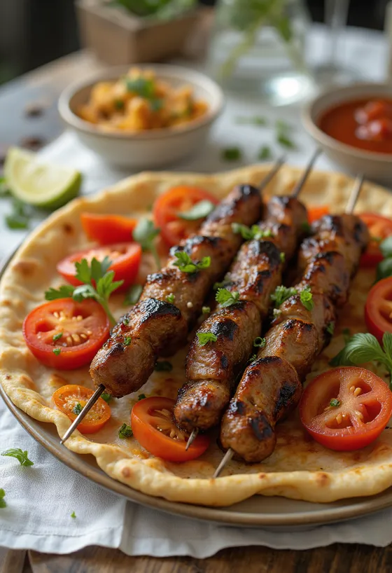 Urfa kebab grillezett darált hússal, lapos kenyérrel és zöldségekkel tálalva