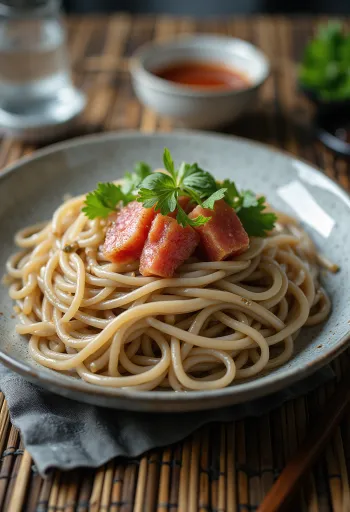 Zaru soba tonhallal, szezámmaggal és zöldhagymával tálalva